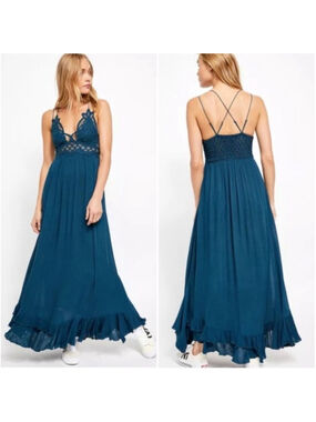 Free People Adella Maxi Slip Dress Boho Flowy Tiered Crochet Lace Bodice Teal S